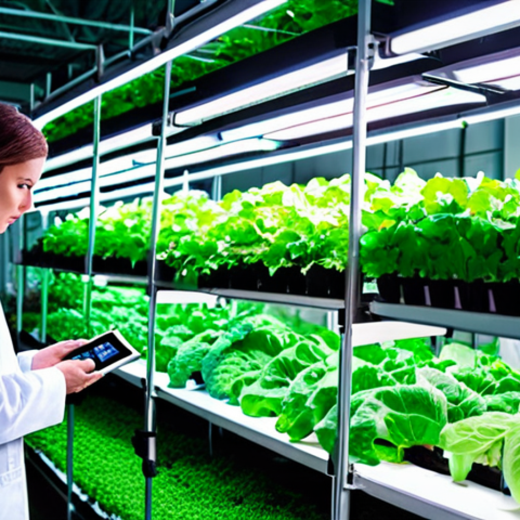 **

Prompt: Lush vertical farm inside a brightly lit urban warehouse. Rows of leafy greens and colorful vegetables grow in stacked layers under LED lights. Technicians in lab coats monitor the plants with tablets. Modern, futuristic, sustainable agriculture.

**