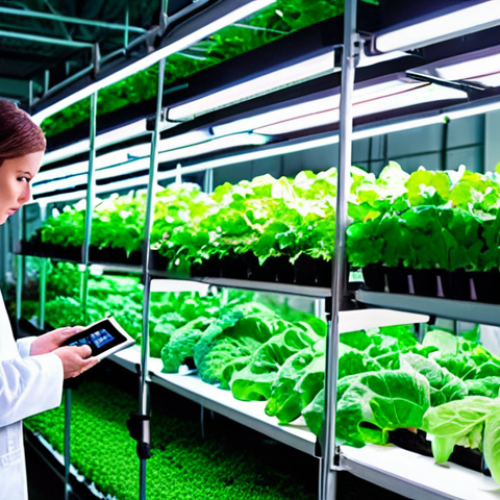 Home 15 **
Prompt: Lush vertical farm inside a brightly lit urban warehouse. Rows of leafy greens and colorful vegetables grow in stacked layers under LED lights. Technicians in lab coats monitor the plants with tablets. Modern, futuristic, sustainable agriculture.
**
