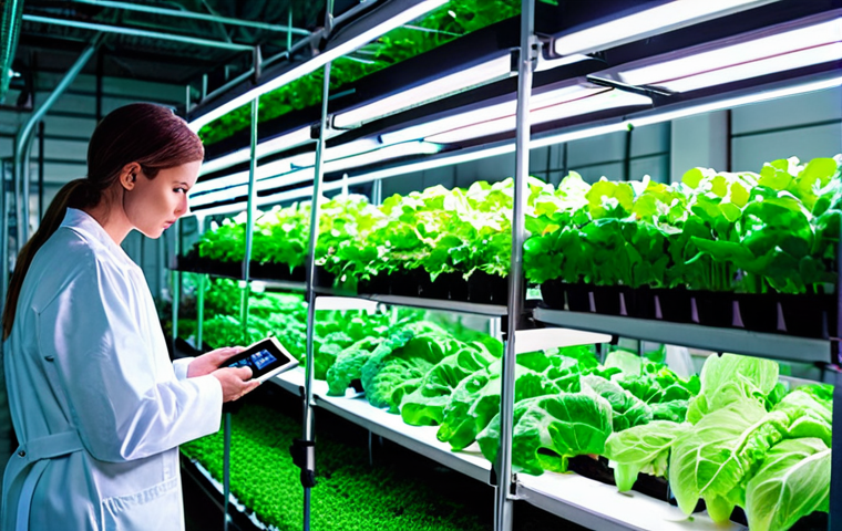 **
Prompt: Lush vertical farm inside a brightly lit urban warehouse. Rows of leafy greens and colorful vegetables grow in stacked layers under LED lights. Technicians in lab coats monitor the plants with tablets. Modern, futuristic, sustainable agriculture.
**