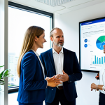A diverse group of professional business people, fully clothed in modest business attire, collaborating earnestly around a large interactive display in a brightly lit, modern office with abundant natural light and lush indoor plants. They are discussing data visualizations related to environmental and social impact, showcasing a focus on stakeholder value. The scene conveys a sense of purpose-driven work and responsible corporate culture. perfect anatomy, correct proportions, natural pose, well-formed hands, proper finger count, natural body proportions, professional photography, high quality, safe for work, appropriate content, fully clothed, professional.