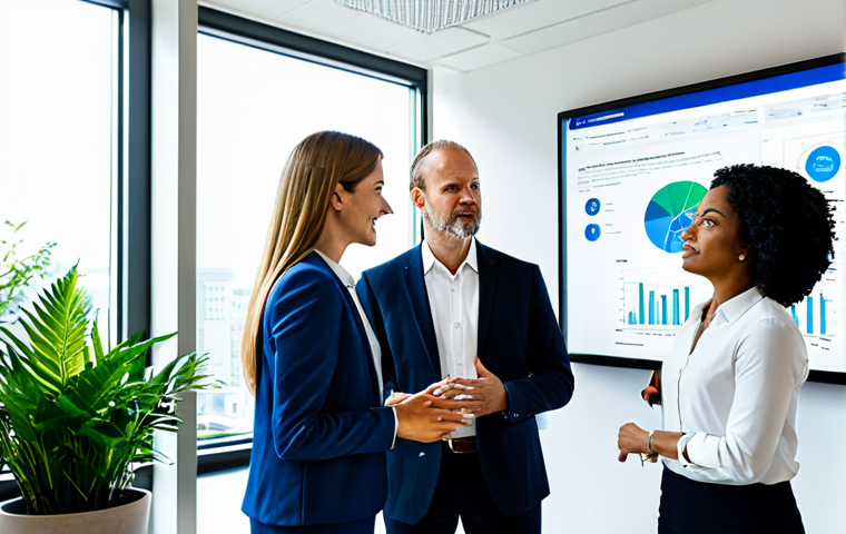 A diverse group of professional business people, fully clothed in modest business attire, collaborating earnestly around a large interactive display in a brightly lit, modern office with abundant natural light and lush indoor plants. They are discussing data visualizations related to environmental and social impact, showcasing a focus on stakeholder value. The scene conveys a sense of purpose-driven work and responsible corporate culture. perfect anatomy, correct proportions, natural pose, well-formed hands, proper finger count, natural body proportions, professional photography, high quality, safe for work, appropriate content, fully clothed, professional.