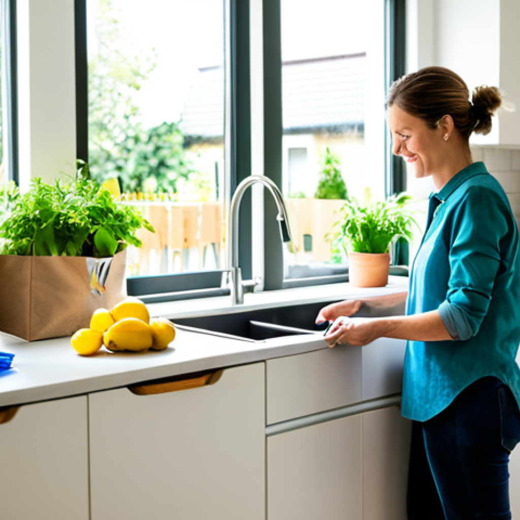 Sustainable Living at Home**
"A bright and airy modern kitchen, featuring a woman in her 30s, fully clothed in modest casual wear, sorting recyclable materials into separate bins. Sunlight streams in through a large window showcasing a lush garden. The kitchen also displays reusable shopping bags and containers. perfect anatomy, natural proportions, high resolution, professional photography, safe for work, appropriate content, fully clothed, family-friendly."
**