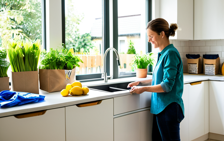 Sustainable Living at Home**

"A bright and airy modern kitchen, featuring a woman in her 30s, fully clothed in modest casual wear, sorting recyclable materials into separate bins. Sunlight streams in through a large window showcasing a lush garden. The kitchen also displays reusable shopping bags and containers. perfect anatomy, natural proportions, high resolution, professional photography, safe for work, appropriate content, fully clothed, family-friendly."

**