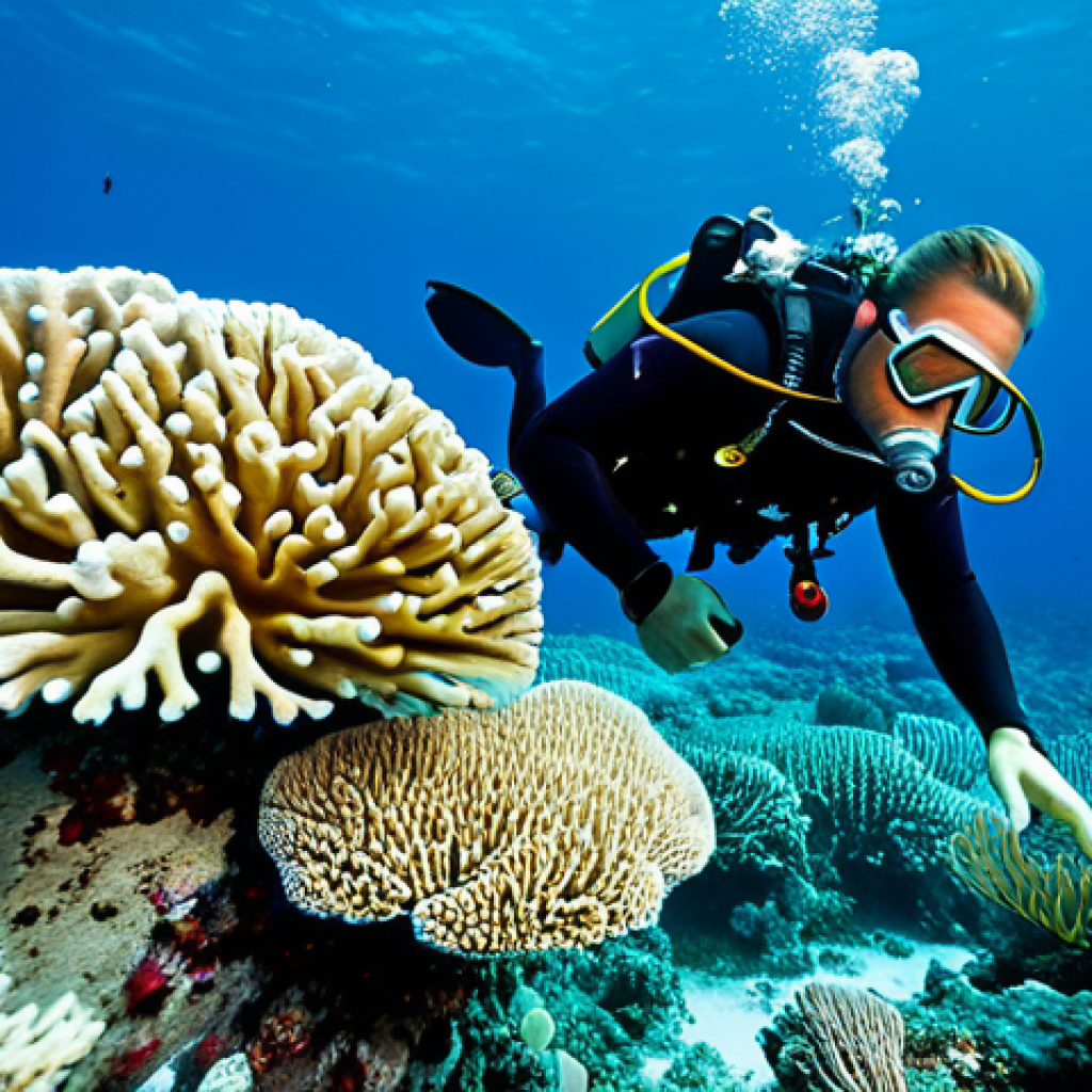 **
"A marine biologist, fully clothed in professional attire, inspecting bleached coral on a vibrant, degraded coral reef. Divers are visible in the background. The scene captures the devastating impact of rising sea temperatures and ocean acidification. Focus on the contrast between healthy and bleached coral. Safe for work, appropriate content, perfect anatomy, natural proportions, professional, family-friendly, underwater photography, high quality."
**
