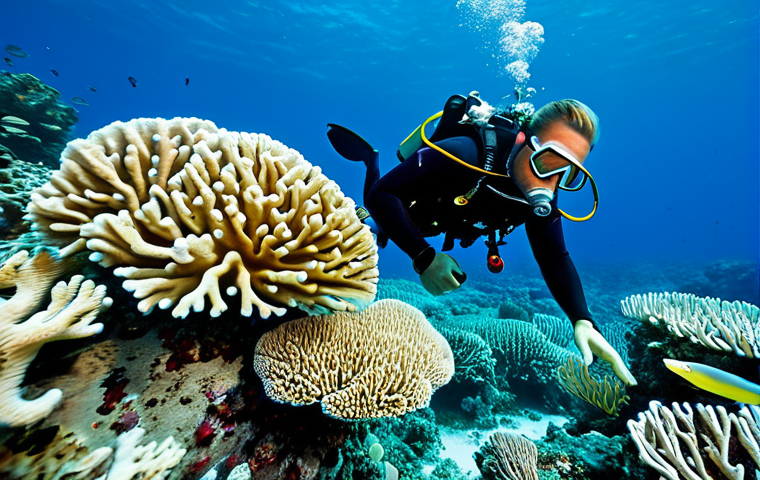 **

"A marine biologist, fully clothed in professional attire, inspecting bleached coral on a vibrant, degraded coral reef. Divers are visible in the background. The scene captures the devastating impact of rising sea temperatures and ocean acidification. Focus on the contrast between healthy and bleached coral. Safe for work, appropriate content, perfect anatomy, natural proportions, professional, family-friendly, underwater photography, high quality."

**