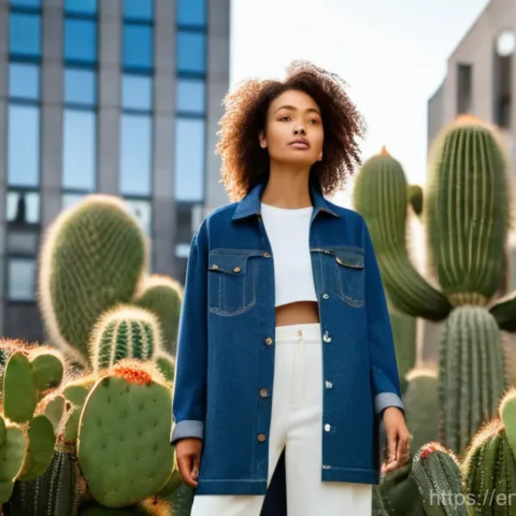친환경 제품과 서비스 - **Sustainable Fashion Statement in an Urban Oasis**
    A young adult, approximately 20-25 years old...