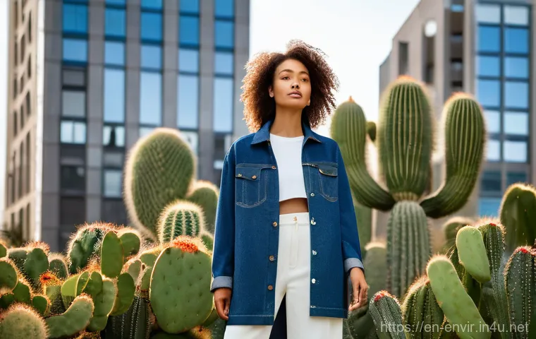 친환경 제품과 서비스 - **Sustainable Fashion Statement in an Urban Oasis**
A young adult, approximately 20-25 years old...