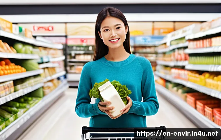 환경 피해와 경제적 비용 - **Prompt 1: Supermarket Shock**
A realistic, bright, and modern supermarket aisle. Focus on a yo...