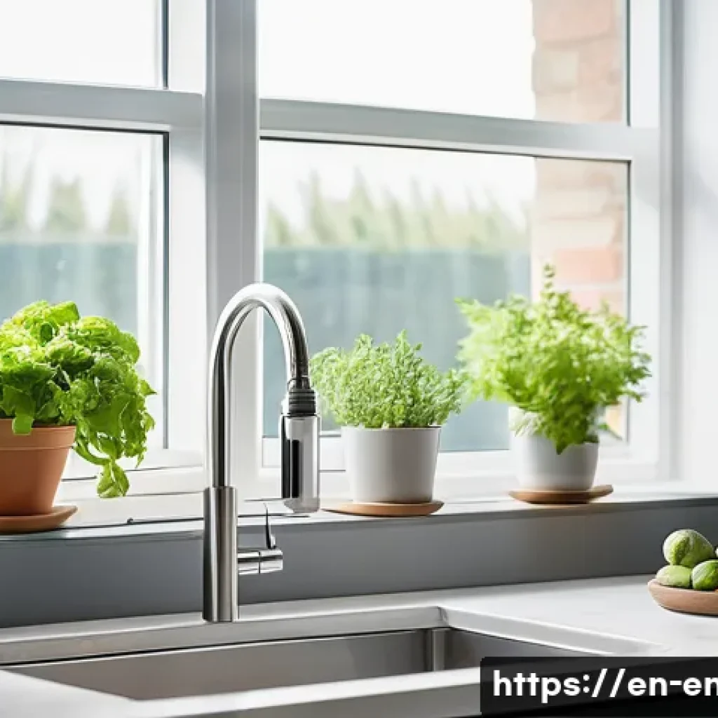 물 절약과 효율성 - A modern kitchen scene focused on sustainable water use: a person wearing casual clothes carefully t...