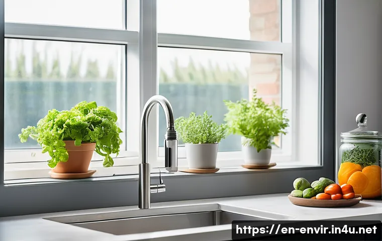 물 절약과 효율성 - A modern kitchen scene focused on sustainable water use: a person wearing casual clothes carefully t...