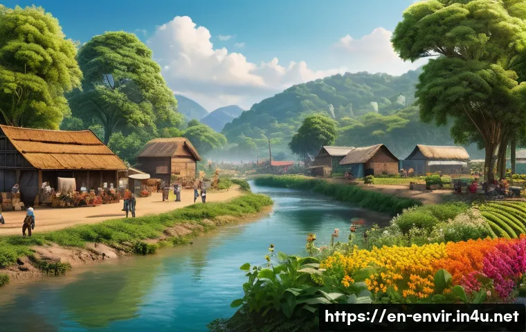 생태계 서비스의 경제적 가치 - A vibrant and detailed landscape illustrating the interconnectedness of nature and economy: lush gre...