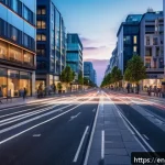 미래의 지속 가능한 도시 - A bustling modern city street at dusk featuring an adaptive traffic management