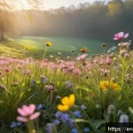 기후 변화에 따른 생태계 변화 - A vibrant meadow scene in early spring, featuring wildflowers blooming unusually early in March with...