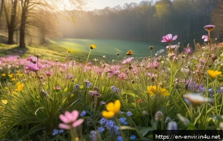 기후 변화에 따른 생태계 변화 - A vibrant meadow scene in early spring, featuring wildflowers blooming unusually early in March with...