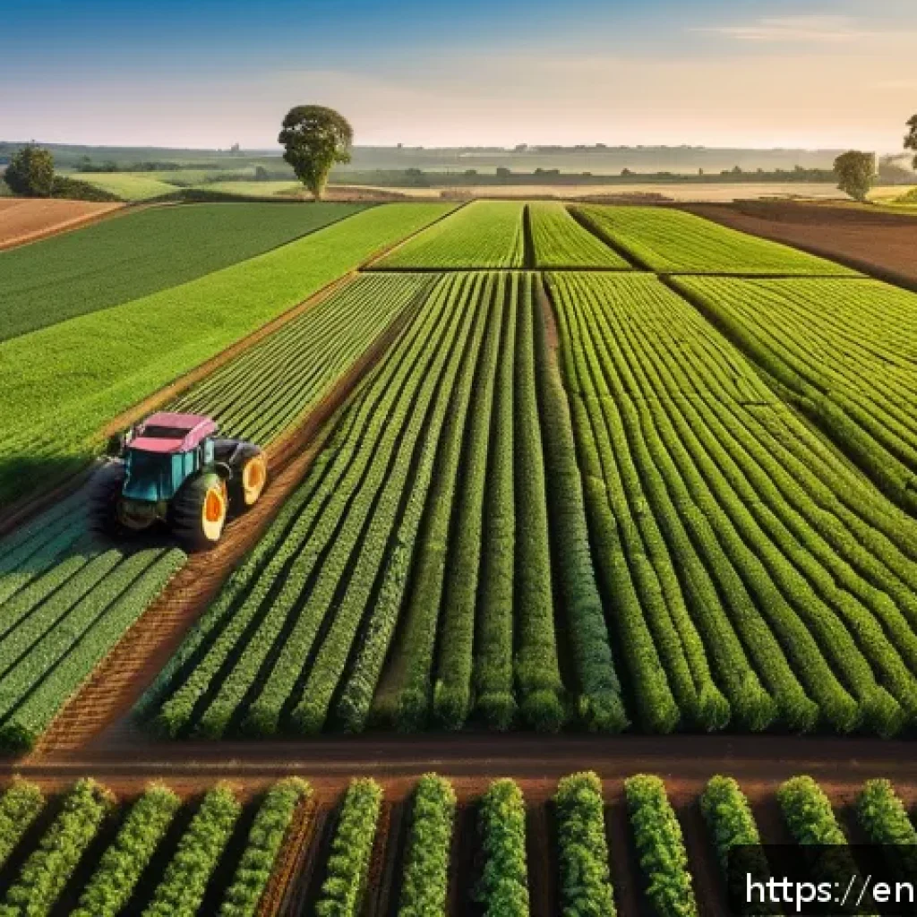 기후 변화와 농업의 적응 전략 - A modern farm landscape at sunrise featuring a GPS-guided tractor and drones flying overhead, scanni...