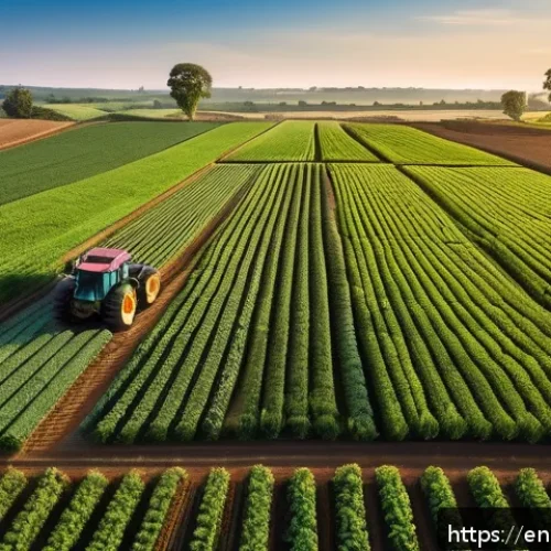 기후 변화와 농업의 적응 전략 - A modern farm landscape at sunrise featuring a GPS-guided tractor and drones flying overhead, scanni...