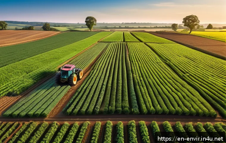 기후 변화와 농업의 적응 전략 - A modern farm landscape at sunrise featuring a GPS-guided tractor and drones flying overhead, scanni...