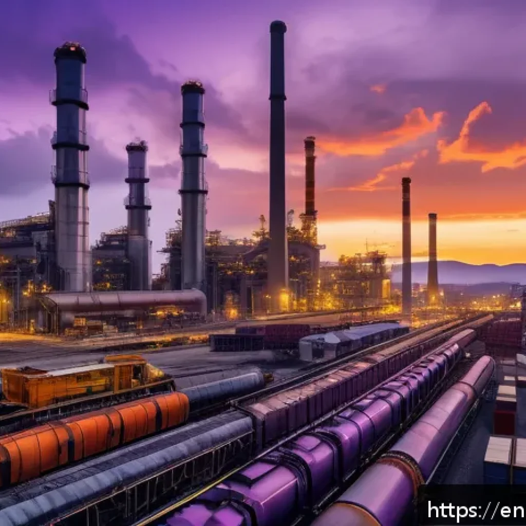 산업화와 환경 변화 - A sprawling modern steel manufacturing plant at dusk, with massive smokestacks emitting faint smoke ...