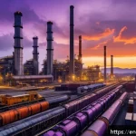 산업화와 환경 변화 - A sprawling modern steel manufacturing plant at dusk, with massive smokestacks emitting faint smoke ...