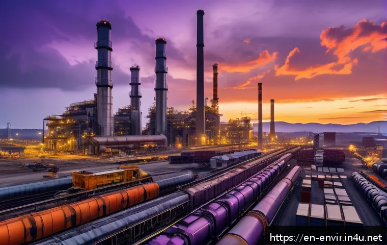 산업화와 환경 변화 - A sprawling modern steel manufacturing plant at dusk, with massive smokestacks emitting faint smoke ...