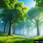 대기 중 CO2 농도 변화 - A detailed, realistic illustration of a vibrant temperate forest during spring and summer, showing l...