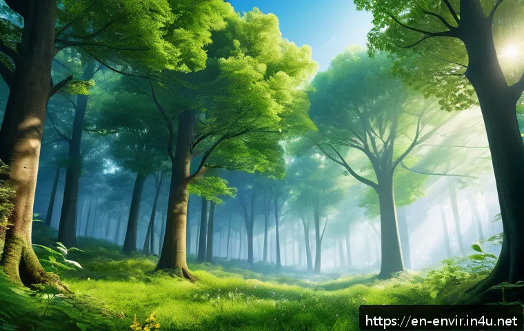 대기 중 CO2 농도 변화 - A detailed, realistic illustration of a vibrant temperate forest during spring and summer, showing l...