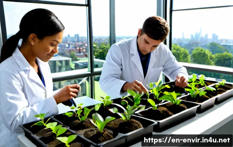 Home 17 환경학 연구의 최신 동향 - Photorealistic environmental science research laboratory, diverse team of adult researchers in clean...