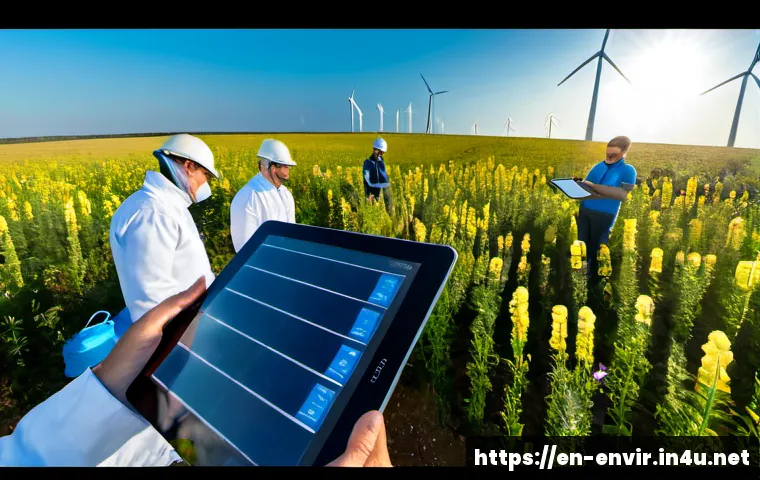 환경 문제 해결을 위한 기술 발전 - Photorealistic wide-angle scene of a modern solar farm beside a wind turbine field, a diverse team o...