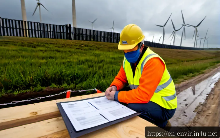 환경 정책 이행의 장애물 - Photorealistic wide-angle scene of a stalled renewable energy project at the edge of a small America...