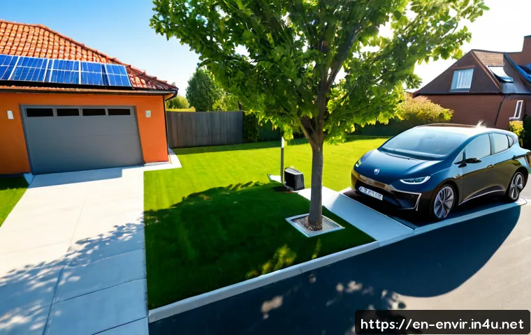 온실가스 배출 감소 전략 - Photorealistic wide-angle view of a modern suburban home with rooftop solar panels, an electric vehi...