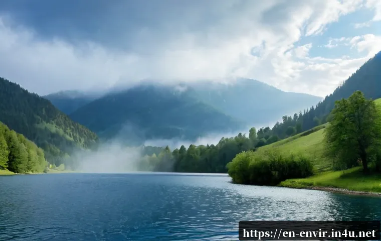 Home 17 물의 순환과 관리 - Photorealistic wide landscape showing the natural water cycle: calm blue lake in the foreground, sof...